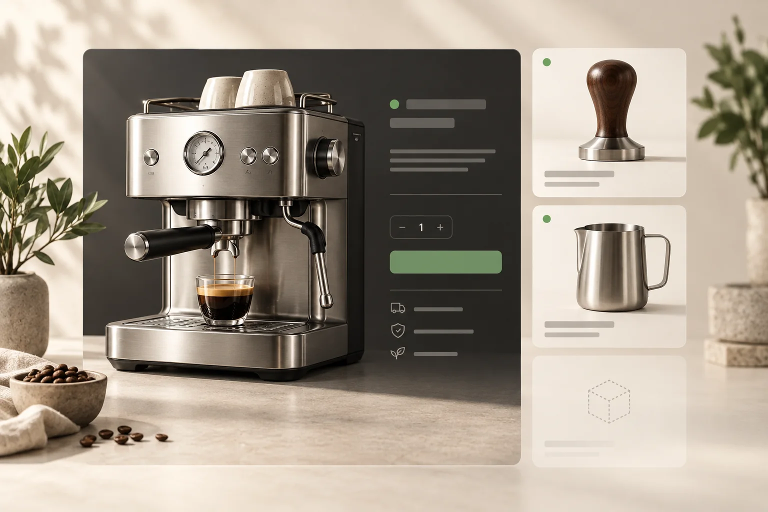An espresso machine is paired with a compatible tamper and milk jug beside an empty recommendation card.