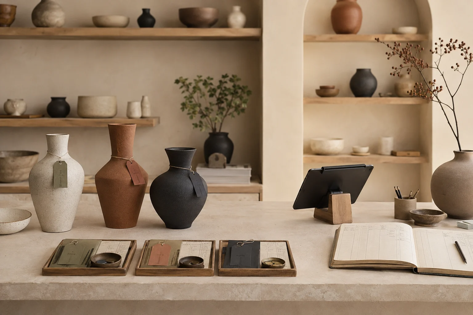 Ceramic vases with separate maker ownership tags, an inventory ledger and settlement trays.