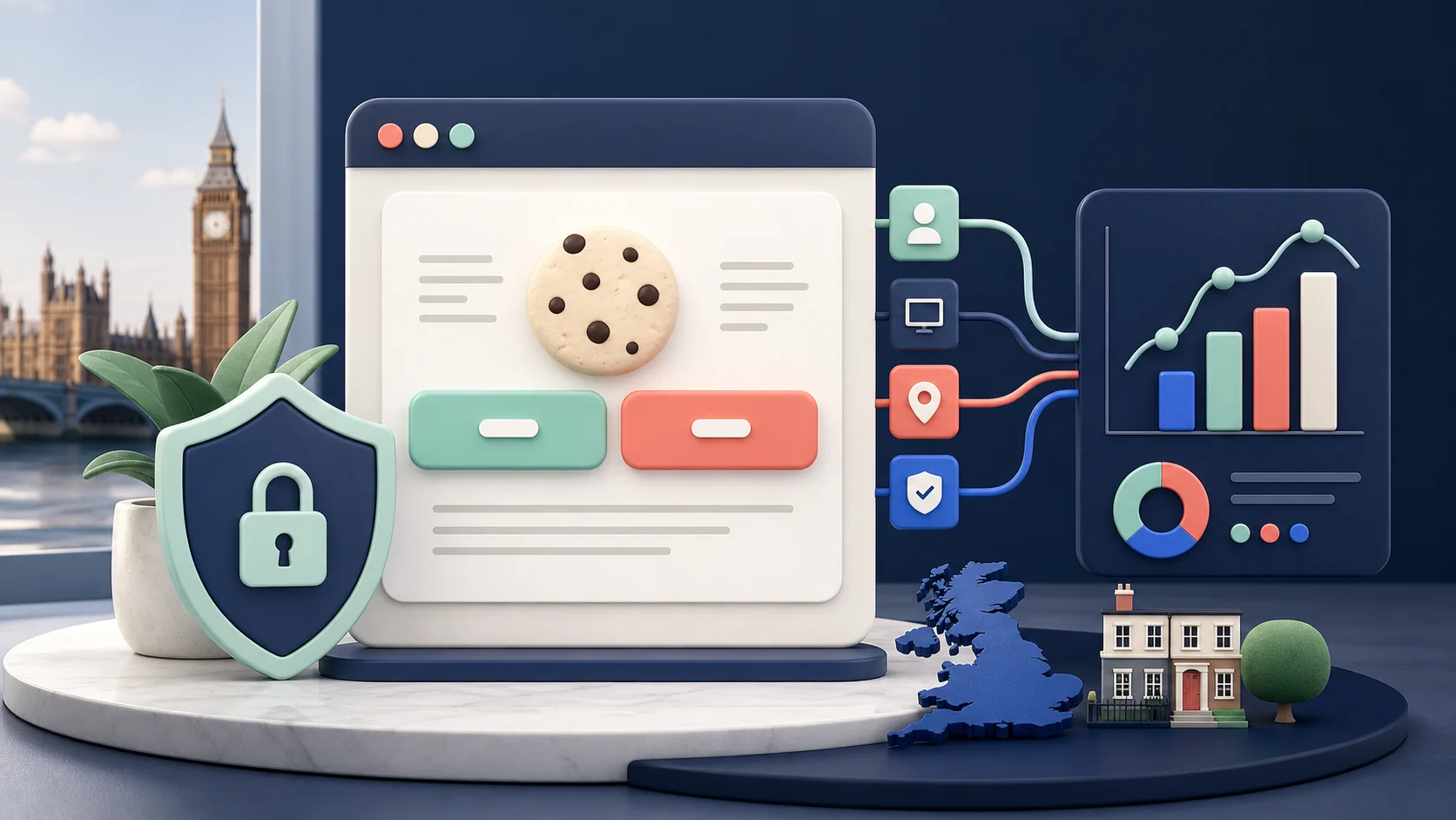 StoreBuilt Shopify cookie consent visual connecting equal customer choices, privacy controls, UK storefronts, and analytics signals.