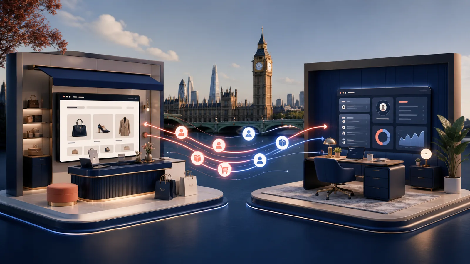 A Shopify storefront exchanging customer and order signals with a connected CRM workspace in London.