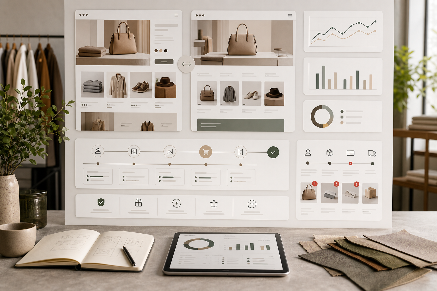 Two ecommerce storefront versions with a structured experiment timeline, product-page trust modules, and conversion analytics.