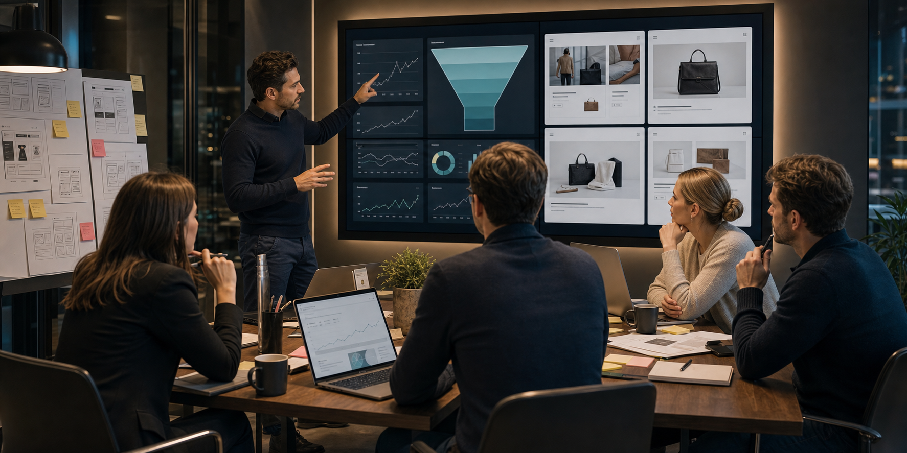 Conversion optimisation team reviewing Shopify funnel screens, product-page UX, and performance dashboards in a premium workspace.
