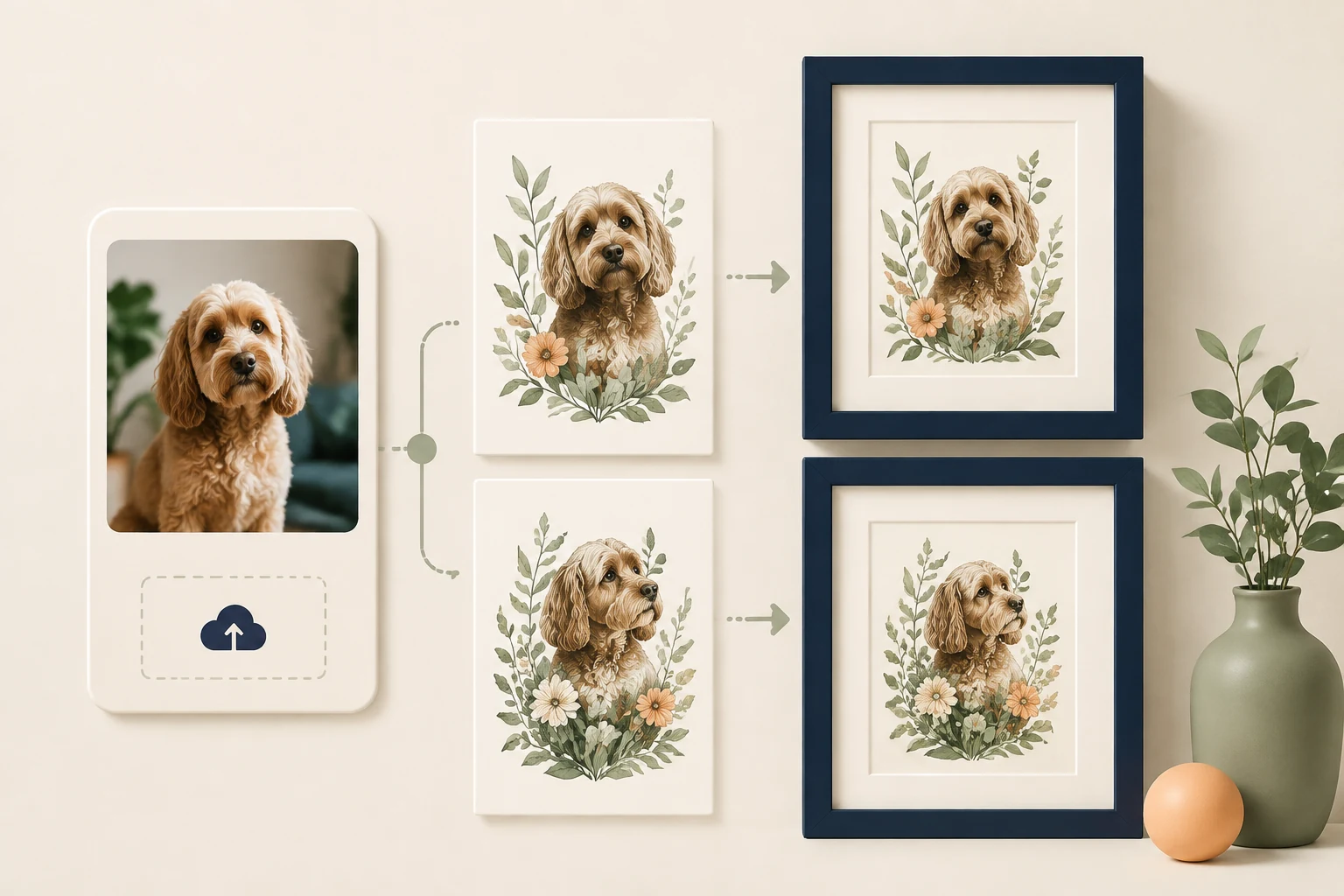 a customer photo upload card with a botanical dog portrait passing into two separate personalised framed prints, clear visual matching of each artwork to its order item.