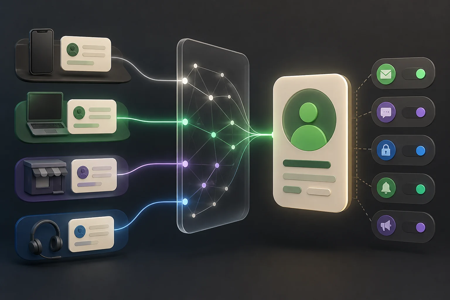 Customer records from mobile, desktop, retail and support resolving into one governed profile with separate consent controls.