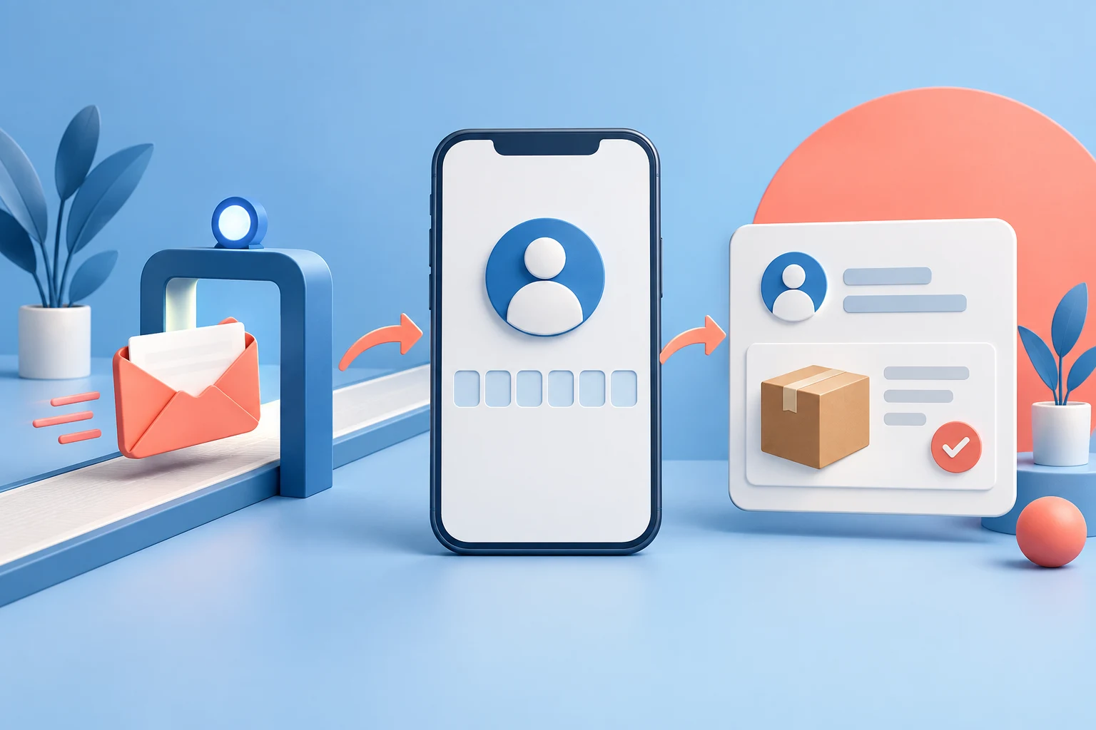 An emailed verification message leads to six login-code slots and a customer order profile.