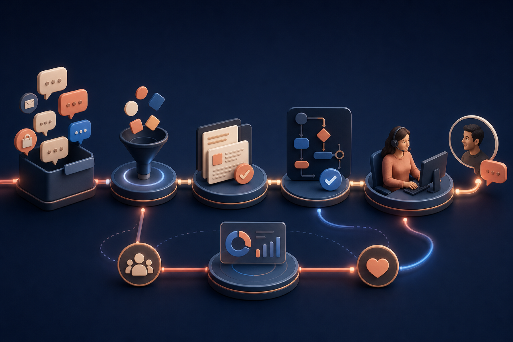 StoreBuilt Shopify customer service automation visual showing triage, approved knowledge, workflow decisions, human escalation, and feedback.