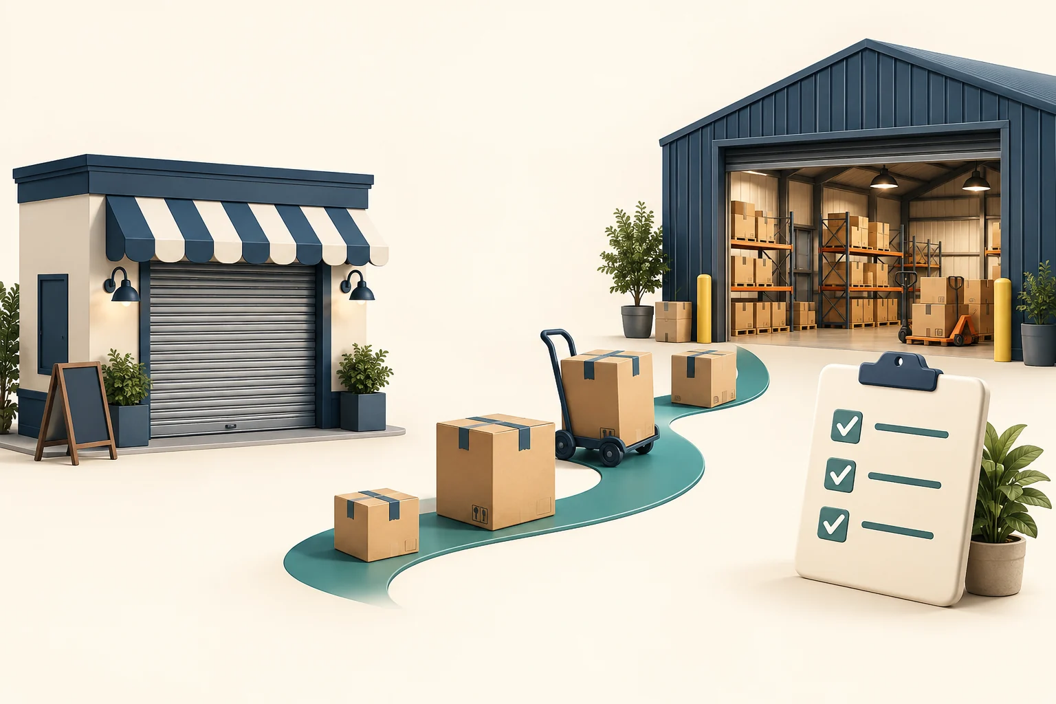Inventory cartons moving from a closed pop-up shop to an active warehouse.