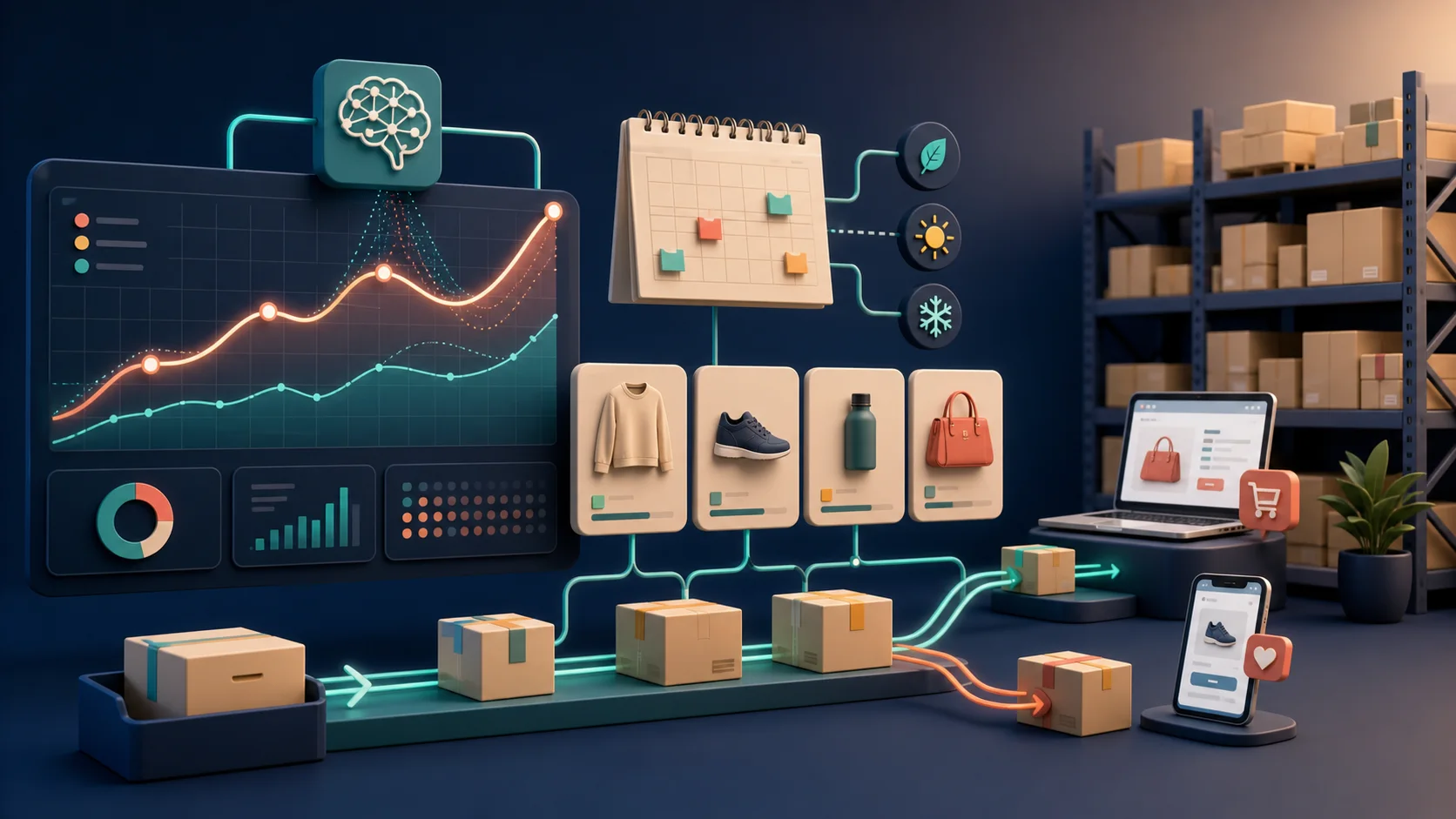 StoreBuilt Shopify deadstock visual connecting ageing SKU inventory, warehouse stock, ecommerce demand, calendar signals, and working-capital decisions.