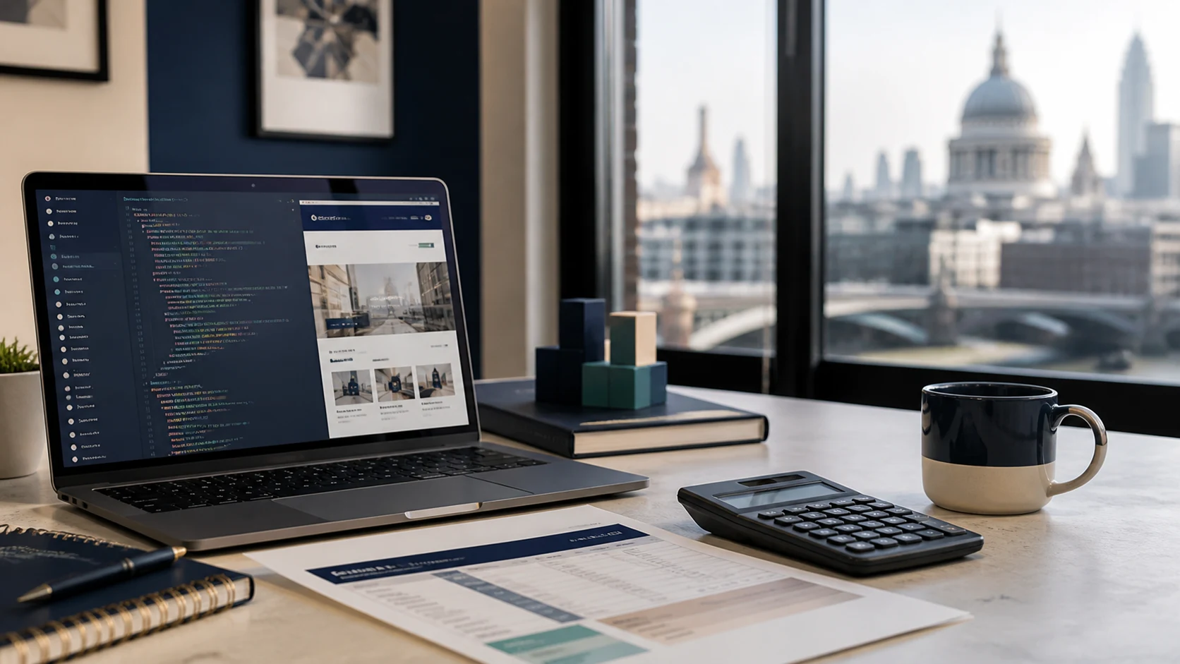 London ecommerce development workspace with storefront code, project estimate and calculator representing UK Shopify developer day rates.