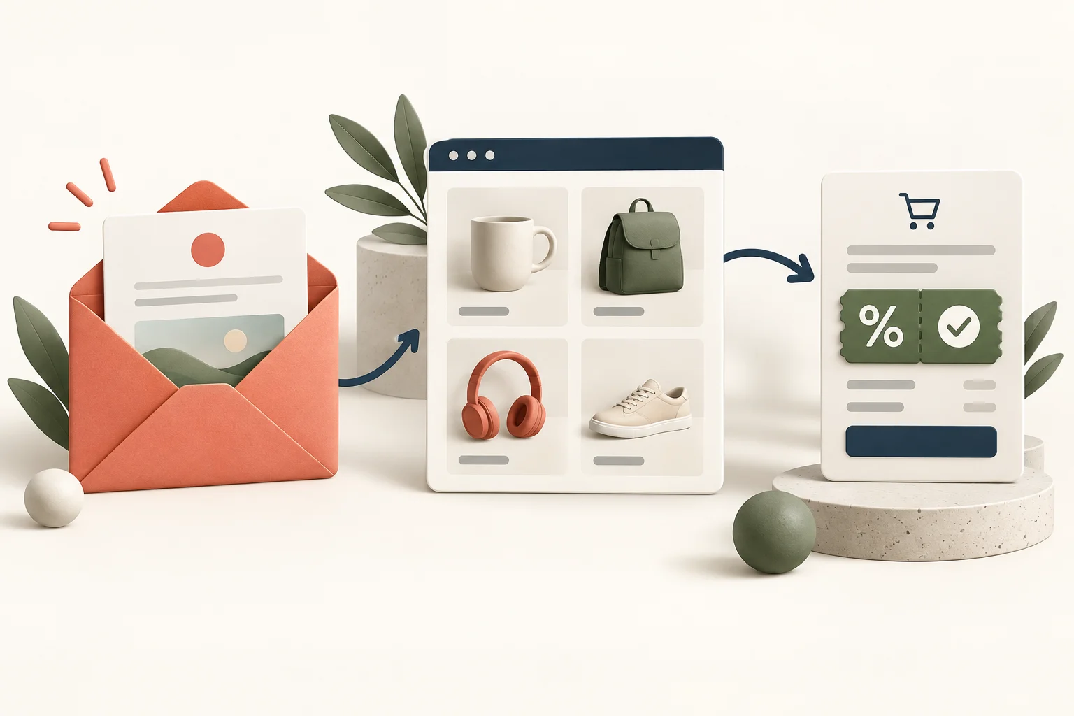 A coral campaign envelope connected by a clear curved path to a product collection window and then a checkout card with a green verified discount tag. Minimal symbolic interface, visible product tiles and one precise promotional ticket.