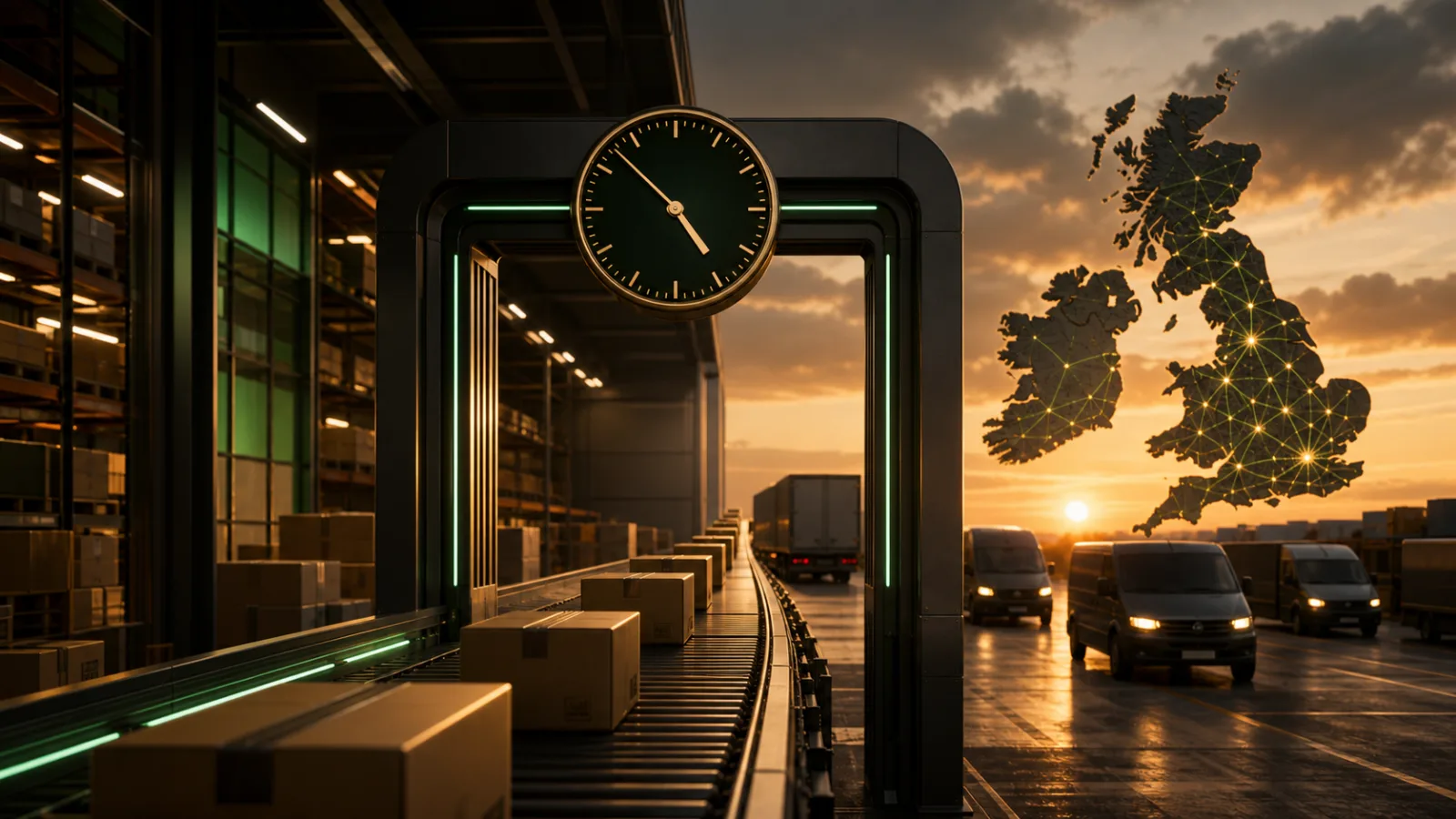 UK ecommerce parcels passing through a clock-controlled dispatch gate into the delivery network.
