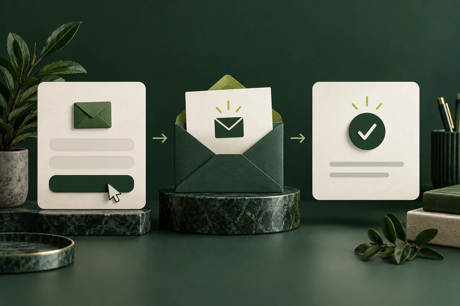 A newsletter form, confirmation envelope and confirmed subscriber card arranged as three stages.