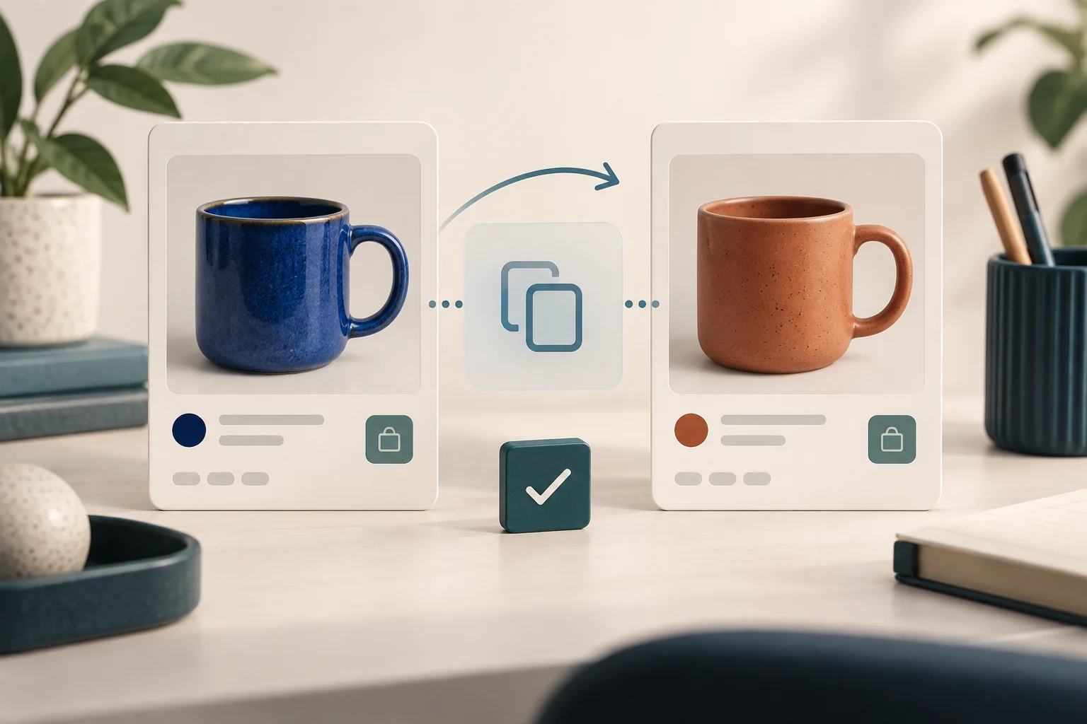 Two distinct ceramic product cards illustrating the review of a copied ecommerce listing.