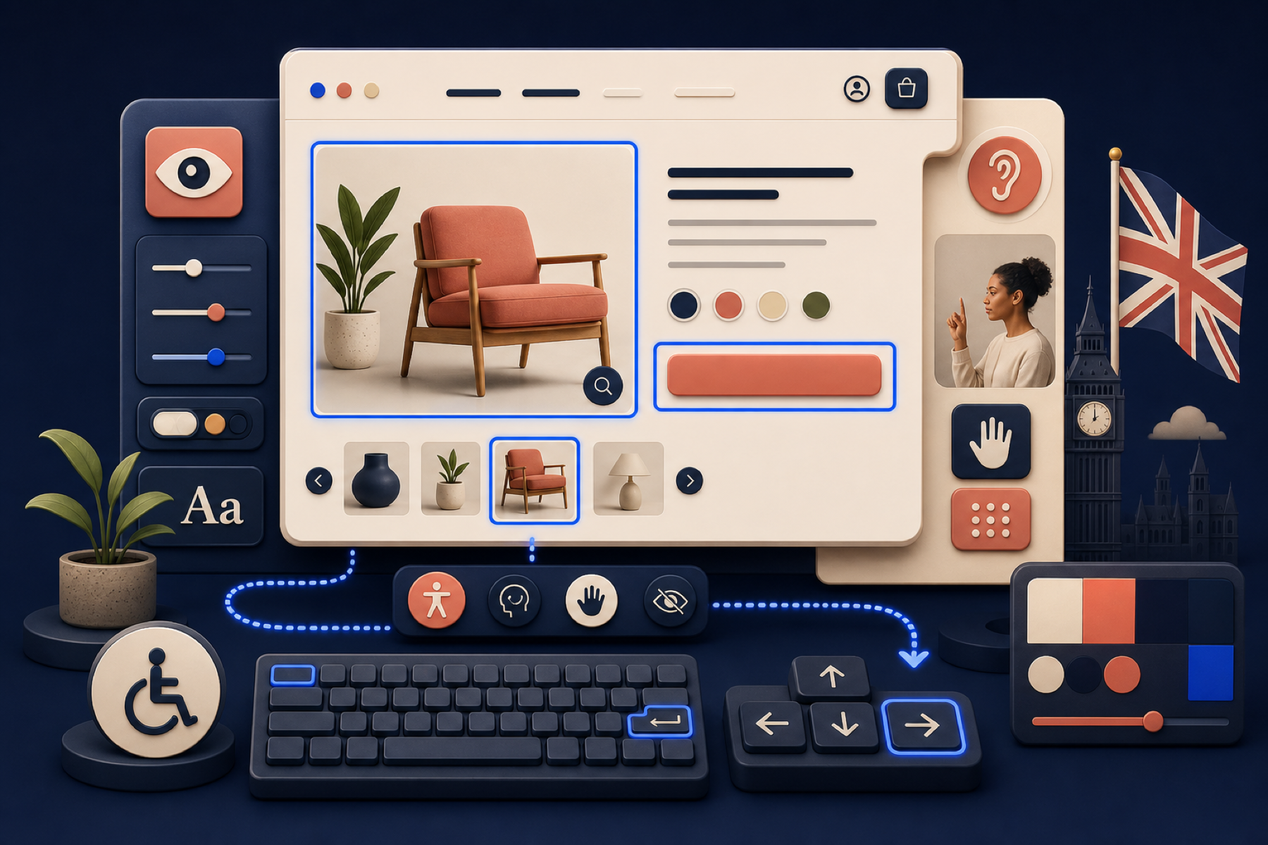 StoreBuilt Shopify accessibility audit visual showing keyboard focus, contrast, product media, and inclusive storefront controls.