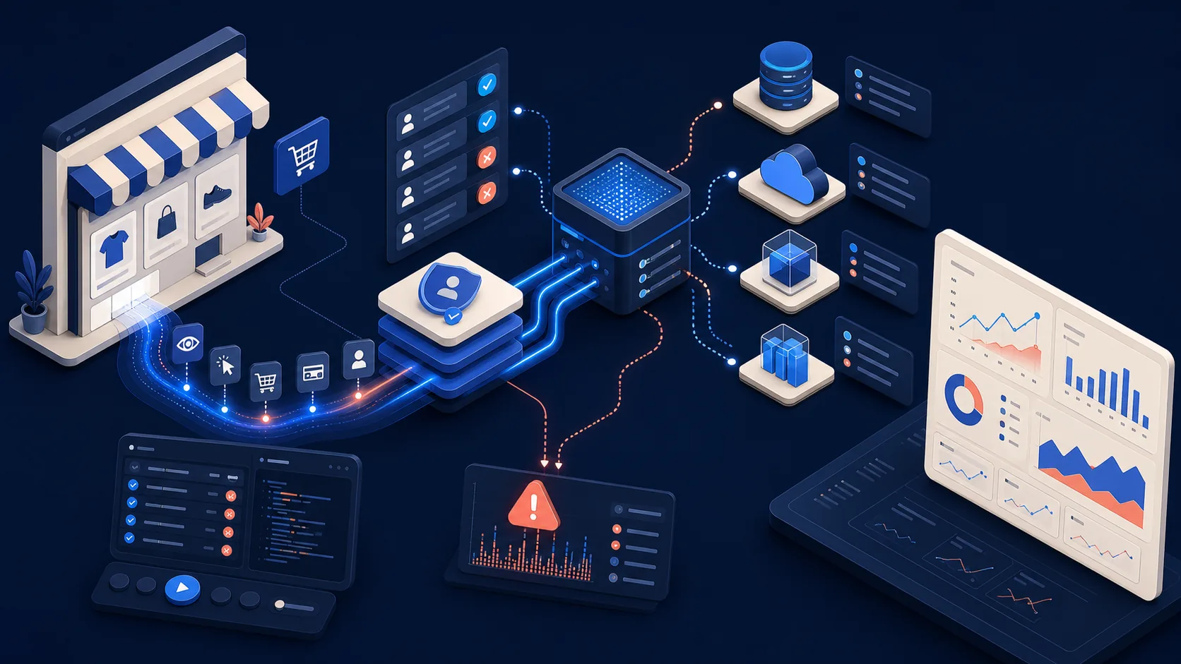 StoreBuilt Shopify data-layer QA visual showing storefront events, consent, validation, destinations, alerts, and analytics dashboards.