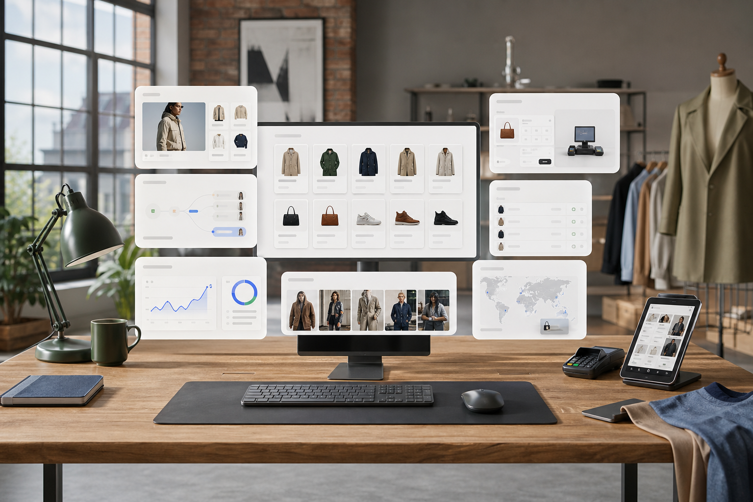 An ecommerce command desk connecting product catalogue, checkout, analytics, retail, and international shopping surfaces.