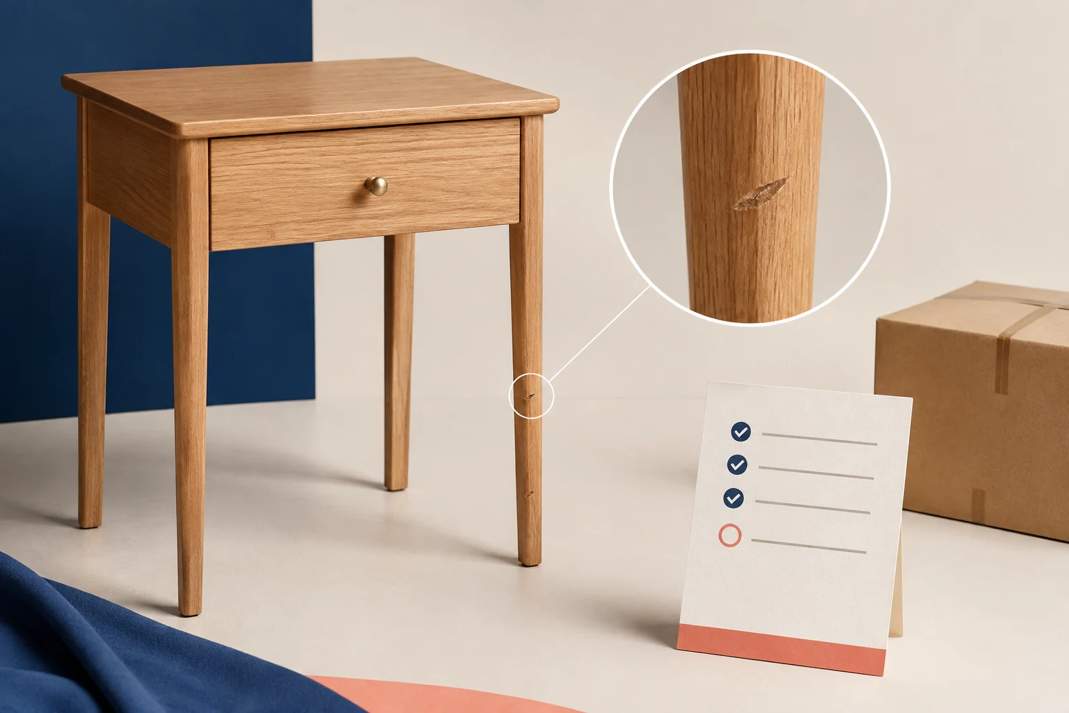 A side table with a condition inspection card and close-up of a cosmetic scuff.