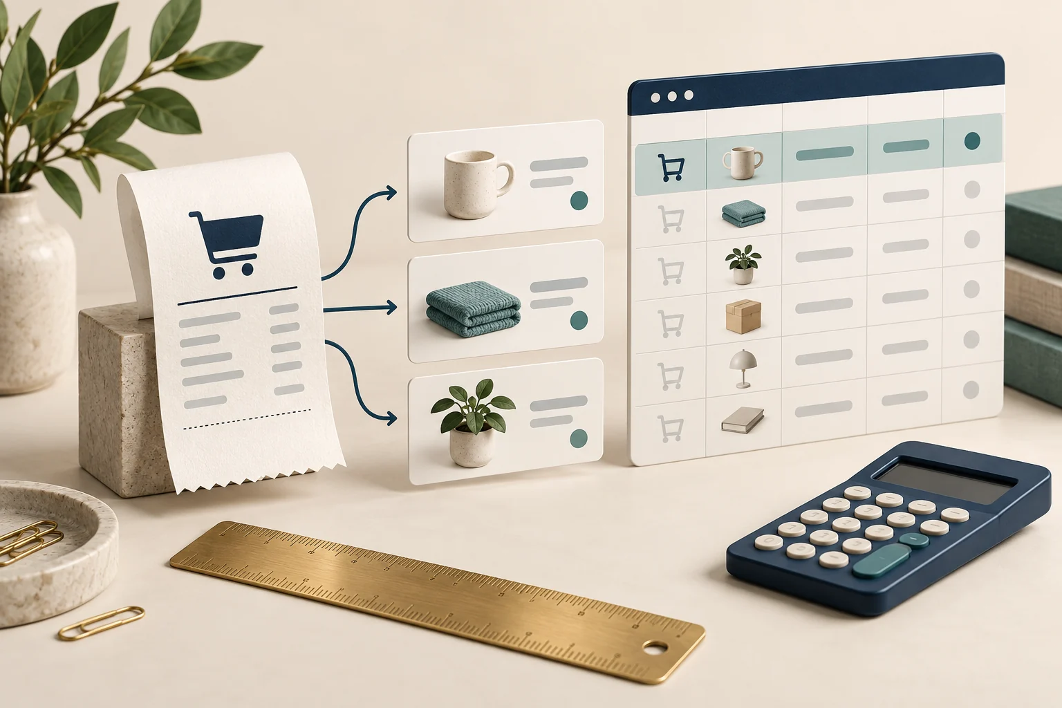 An order receipt separated into line items beside a spreadsheet and calculator.