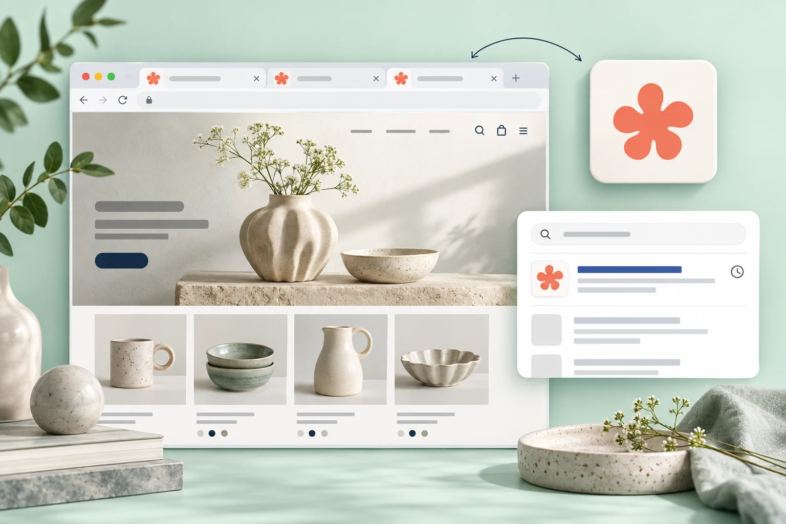 Matching flower favicon on browser tabs and a search result illustrates icon consistency.