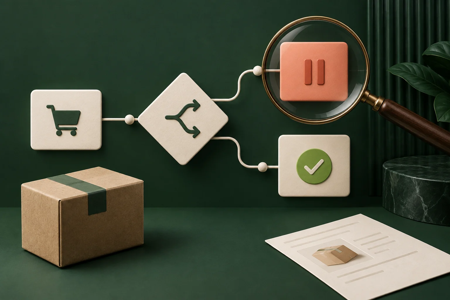 An ecommerce workflow with a decision branch, a paused action and run inspection.