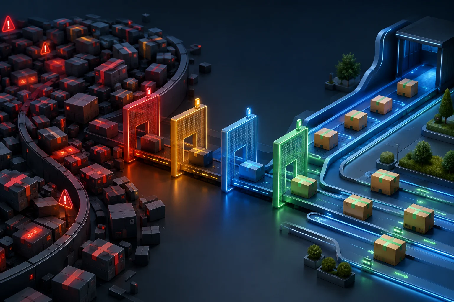 A congested parcel backlog passing through priority gates into clear and controlled dispatch lanes.