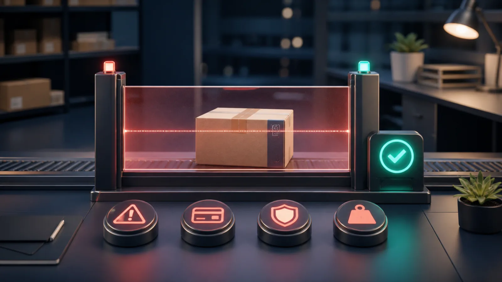 A Shopify parcel paused at a controlled fulfilment checkpoint with reason and release indicators.