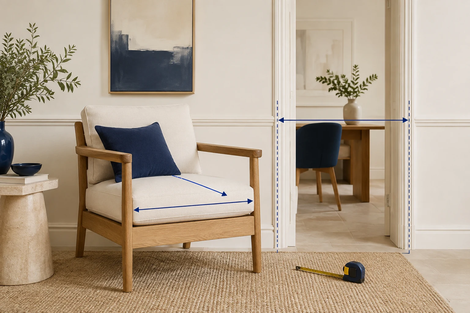 An armchair beside a doorway with guides marking product size and delivery clearance.