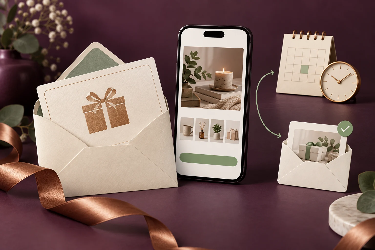 Gift card, recipient inbox and calendar illustrate scheduled gift email delivery.