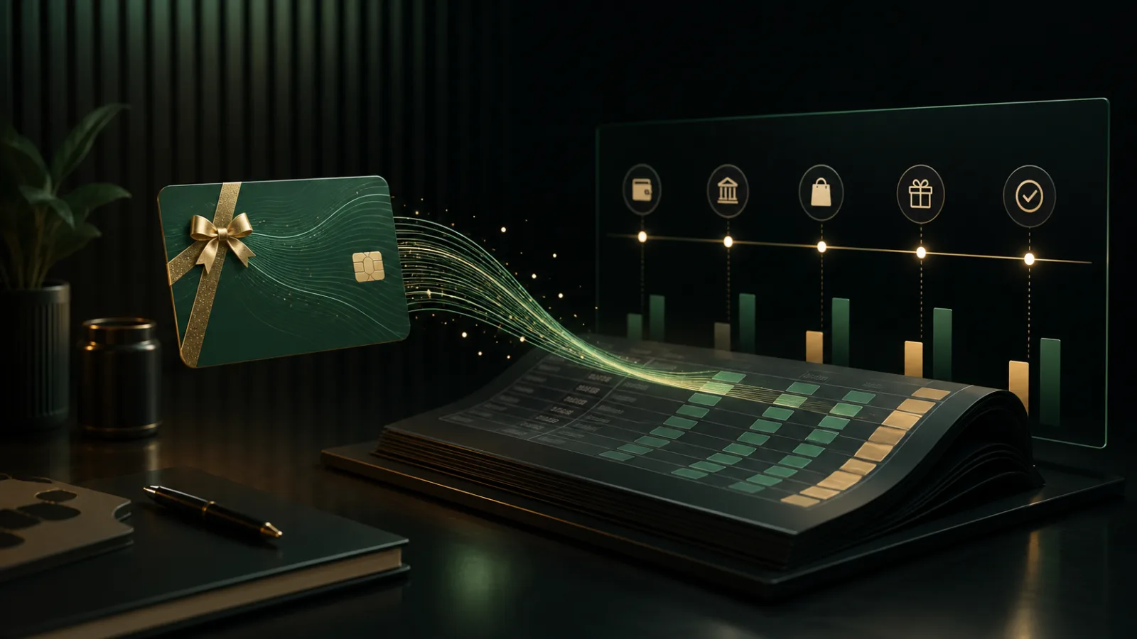 A digital gift card flowing into a controlled ecommerce finance ledger and redemption timeline.