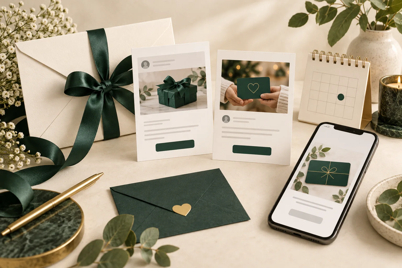 A digital gift card, buyer and recipient email cards, and a calendar represent scheduled gifting.
