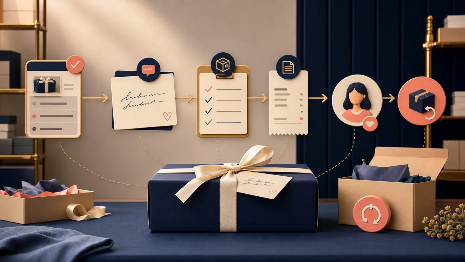 StoreBuilt Shopify gifting operations visual showing a gift message, price-free receipt, parcel, fulfilment checks, recipient, and return route.