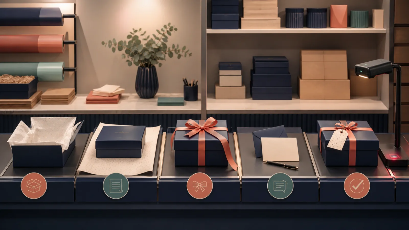 A premium ecommerce gift-wrapping bench showing wrapping, message, ribbon and quality-check stages.