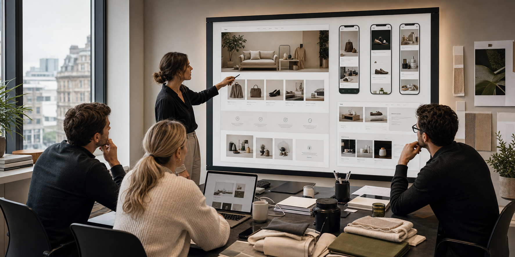 Creative ecommerce team reviewing homepage hierarchy, category pathways, and trust-section placement for a Shopify storefront.