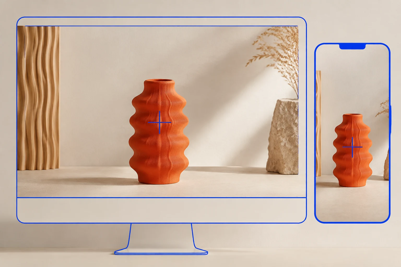 The same vase framed for desktop and mobile with crop guides and a focal point.