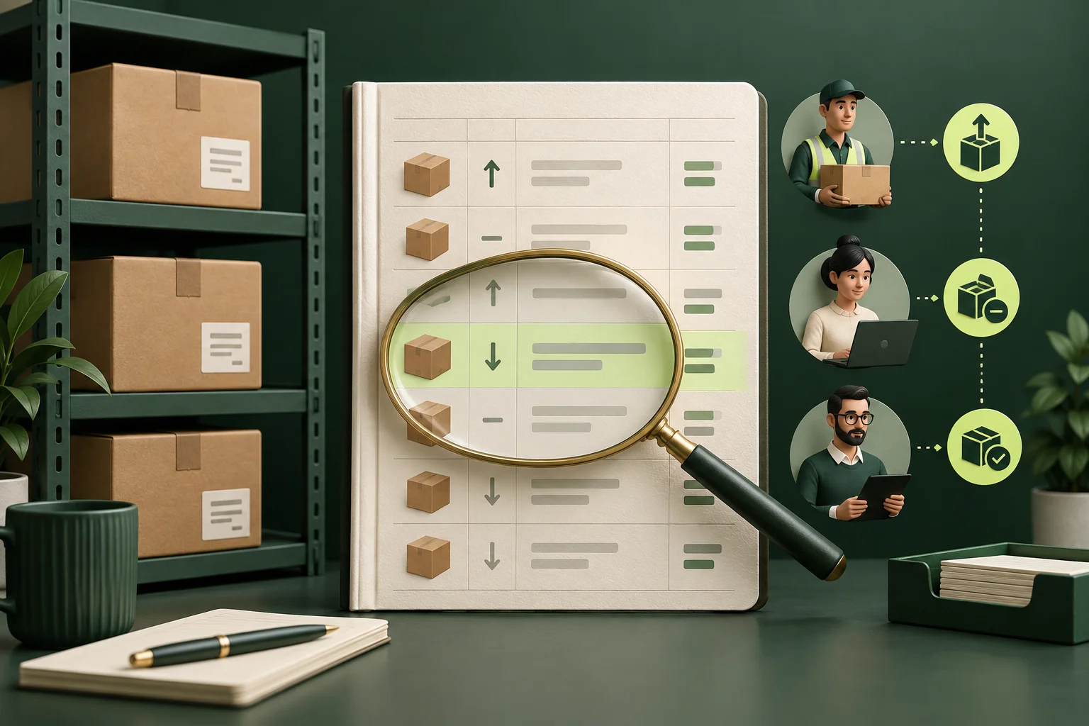 An inventory ledger under a magnifying glass beside warehouse stock and operator icons.
