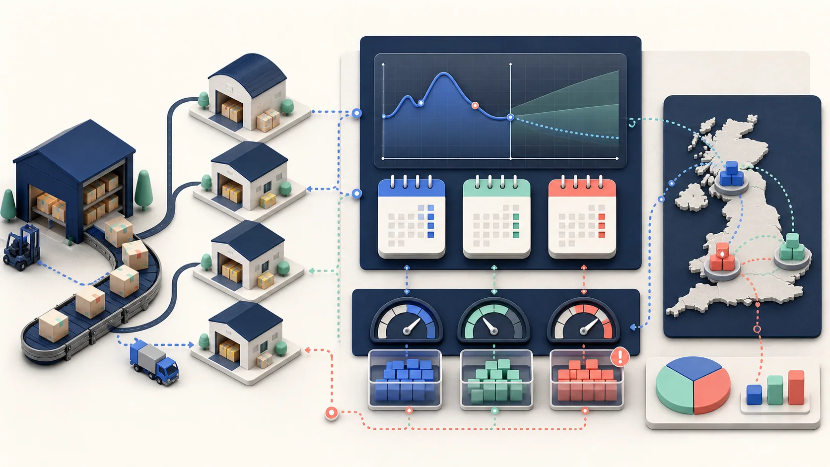 StoreBuilt inventory forecasting visual connecting demand curves, reorder windows, warehouse locations, and stockout alerts across the UK.