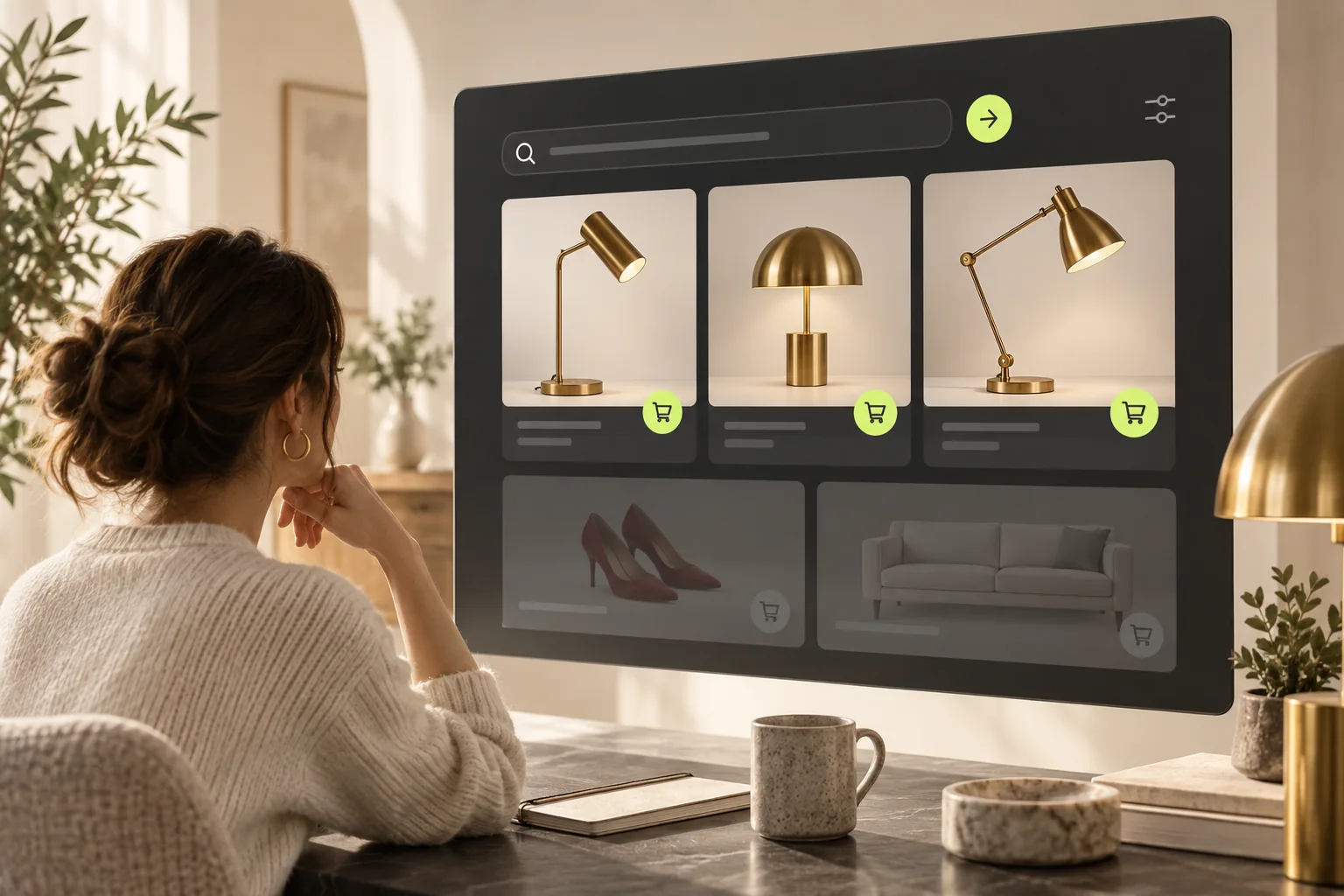 An ecommerce search screen highlights relevant brass lamps above unrelated products.