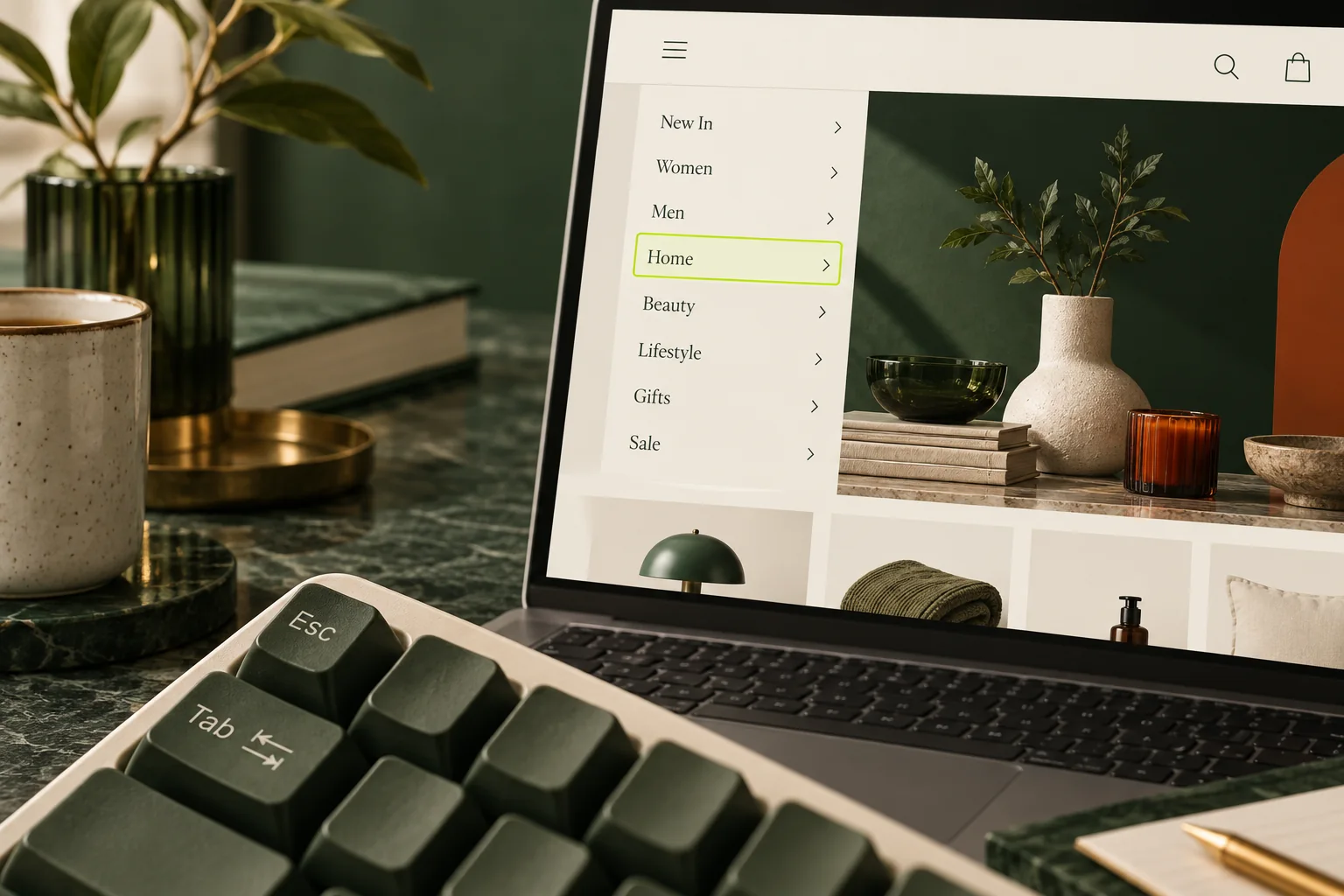 Keyboard Tab and Escape keys beside a storefront menu with a visible focus outline.
