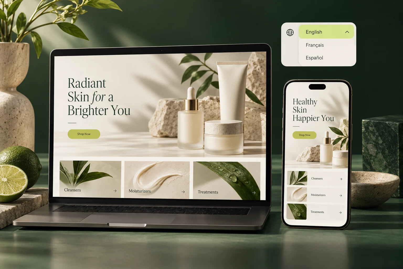 A skincare storefront on desktop and mobile with English, French and Spanish language choices.