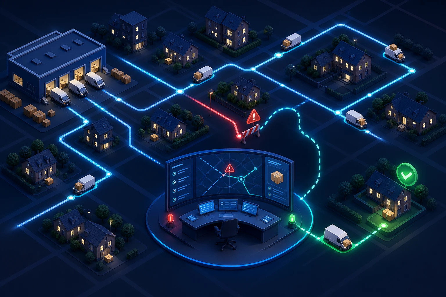 A parcel delivery network detecting a blocked route and guiding the shipment through a controlled resolution path.