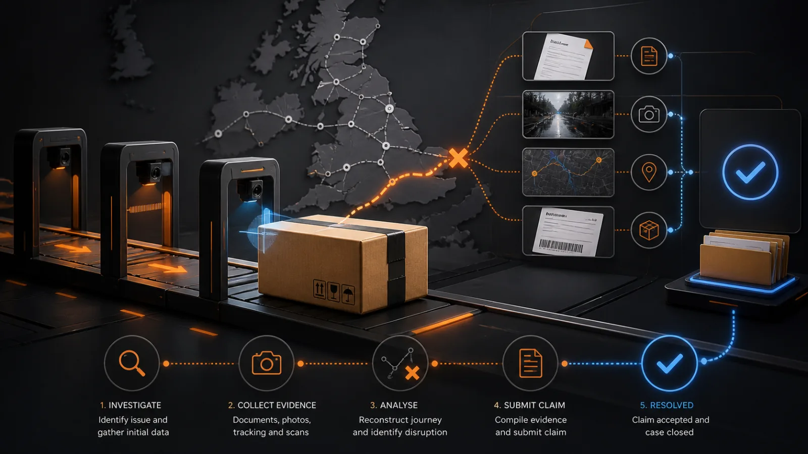A UK parcel journey interrupted and investigated through tracking, evidence and carrier claim checkpoints.