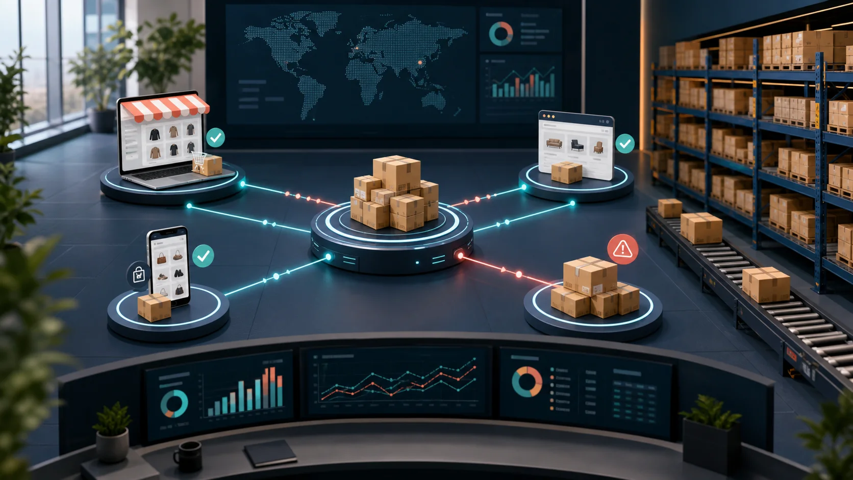 Shopify marketplace inventory synchronisation visual connecting ecommerce channels with a warehouse stock hub.
