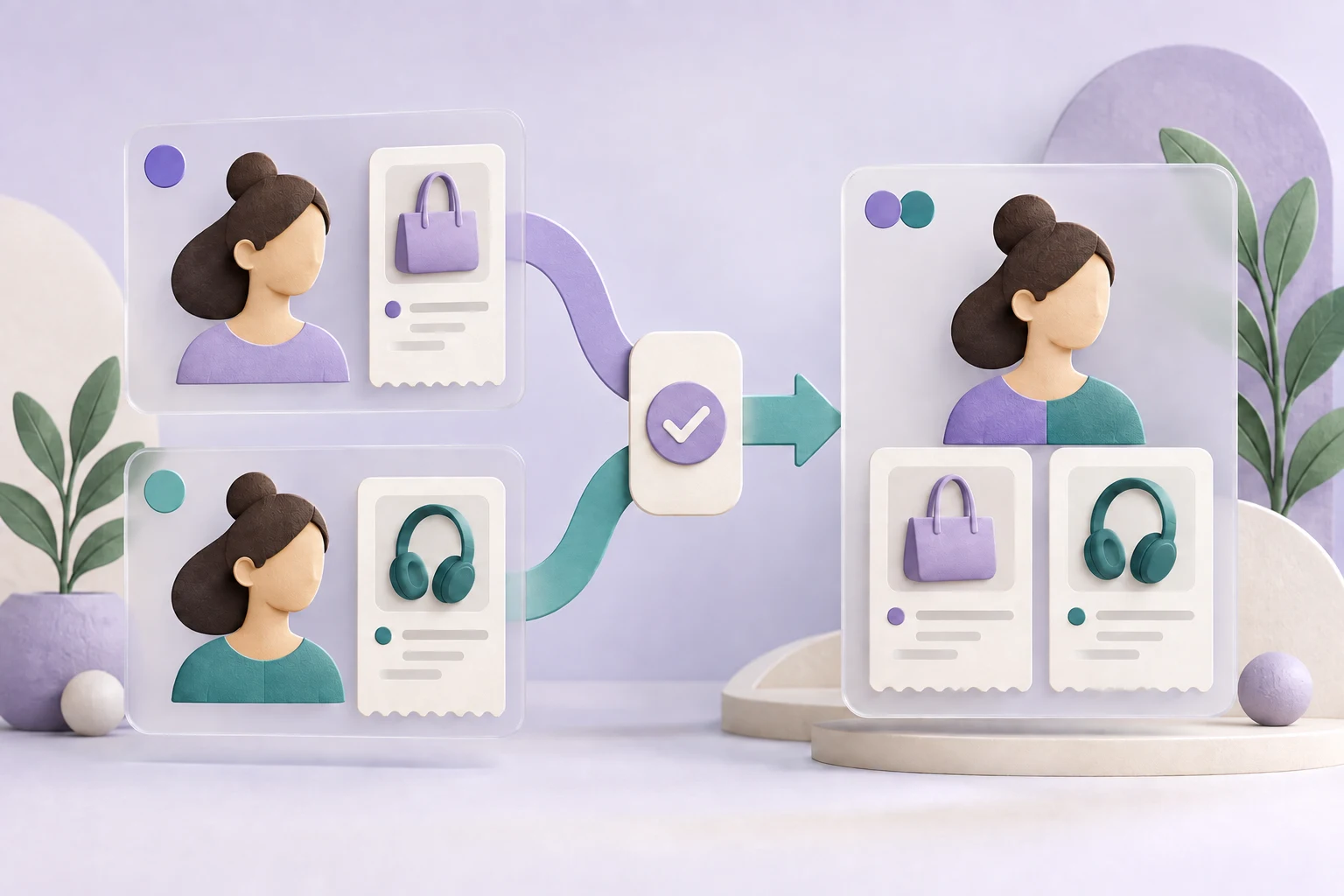 Two duplicate profiles of the same woman merge into one reviewed profile preserving both purchase histories.