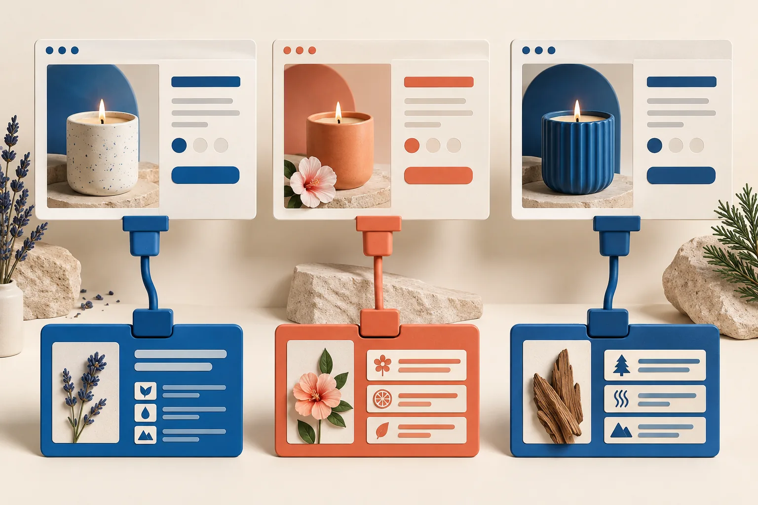 Three candle product pages connected to their own matching structured content records.