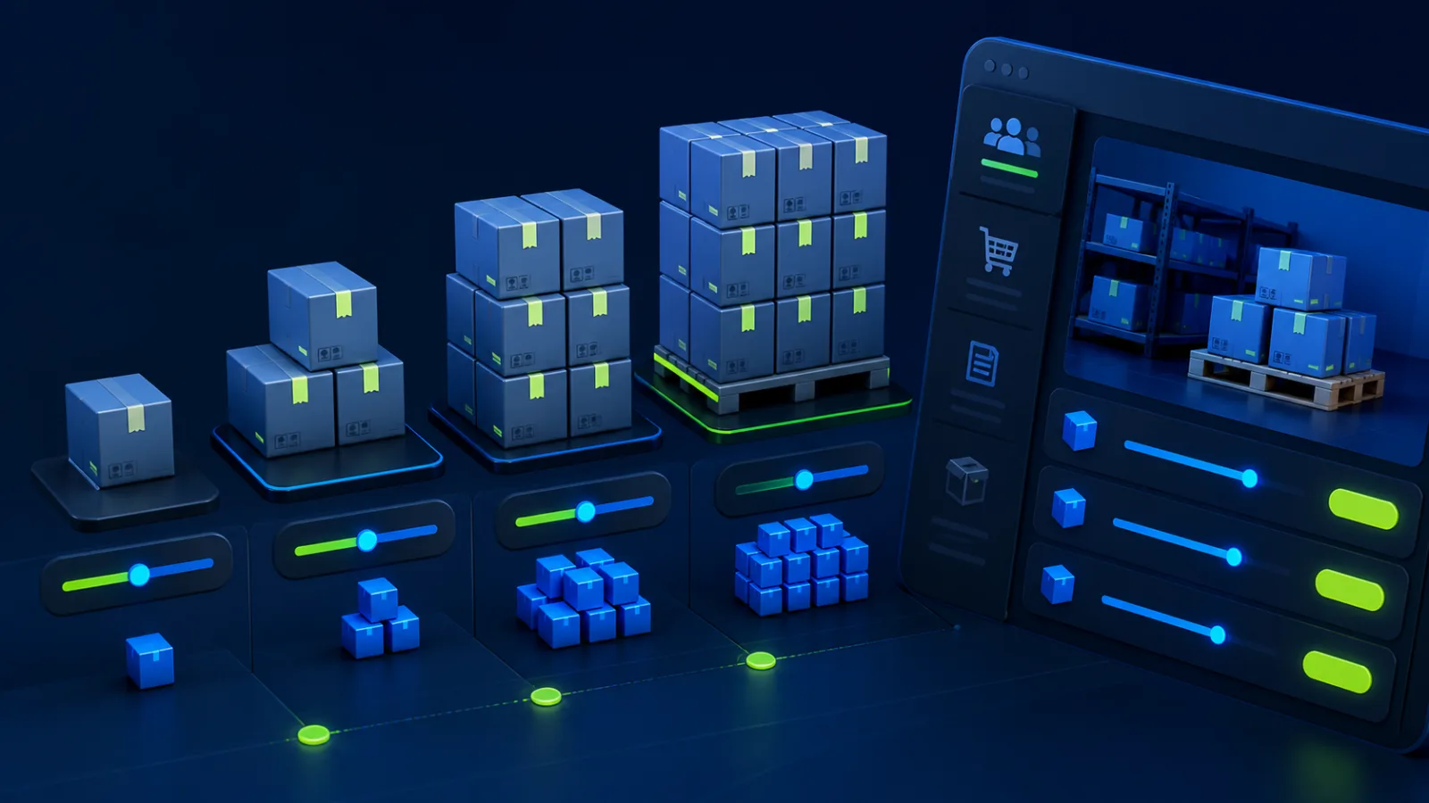 Product cartons arranged in valid order increments beside Shopify B2B quantity and volume-pricing controls.
