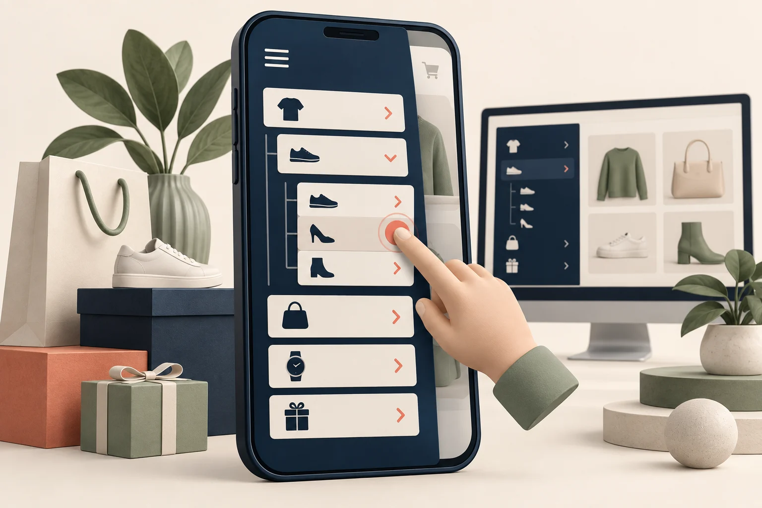 A large smartphone with an expanded navy ecommerce navigation drawer, three clean nested category levels represented by cream cards and coral chevrons, a precise touch marker on a submenu, smaller desktop navigation card in background.