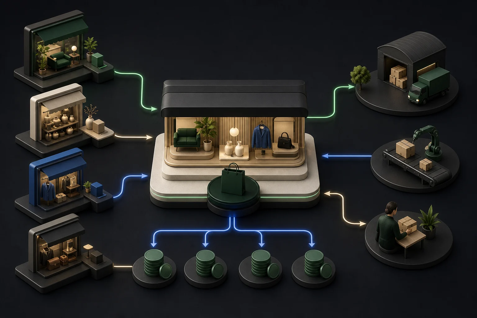Independent sellers feeding a curated Shopify marketplace with connected fulfilment and commission paths.