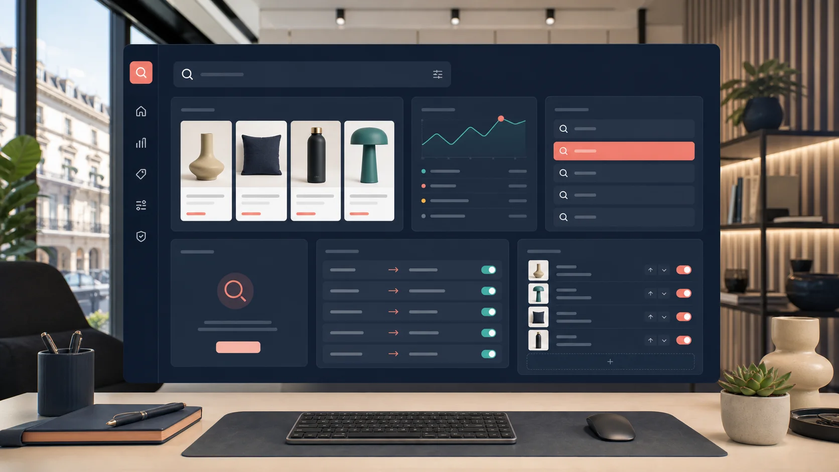 Shopify onsite search operations dashboard showing product results, query analysis and merchandising controls.
