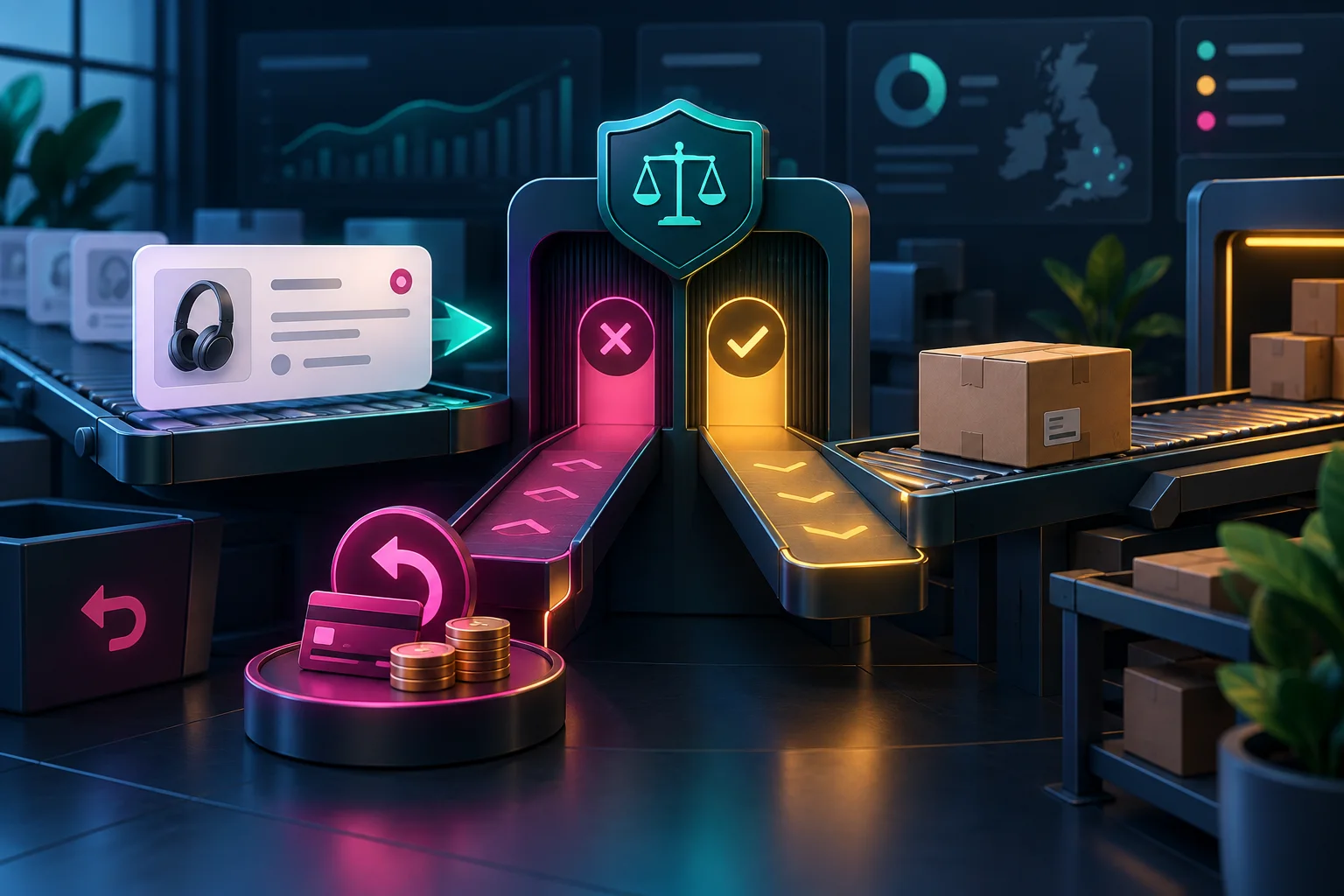 An order reaches a controlled decision gate before refund or parcel dispatch.