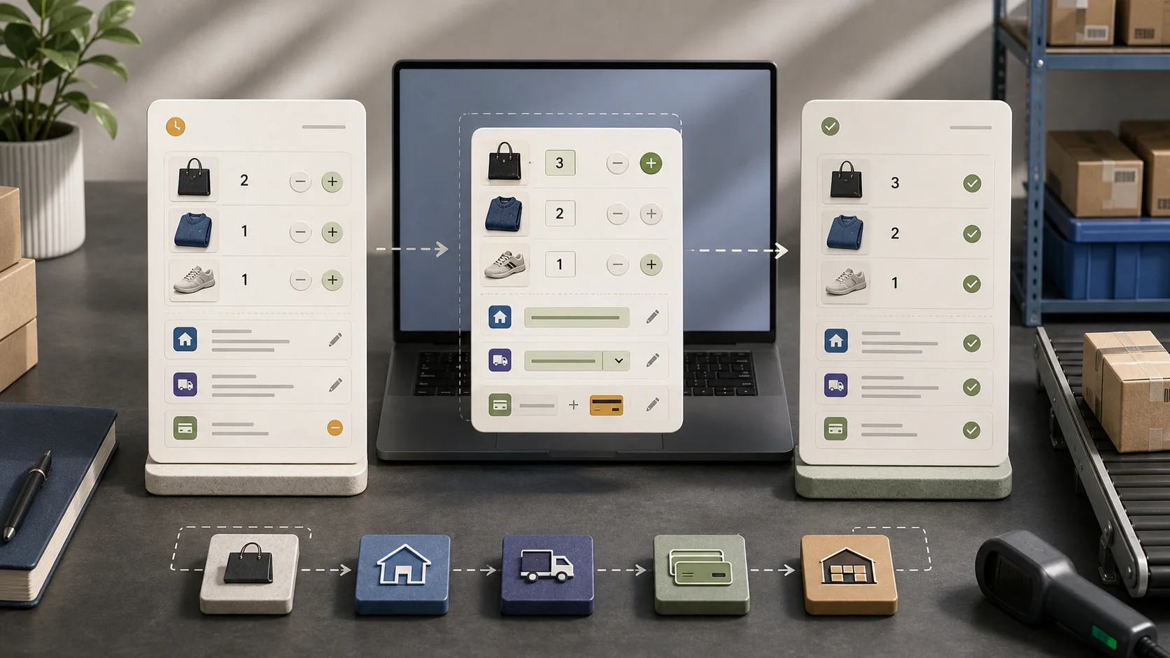 StoreBuilt Shopify order editing visual showing controlled product, address, shipping, payment, and fulfilment changes.